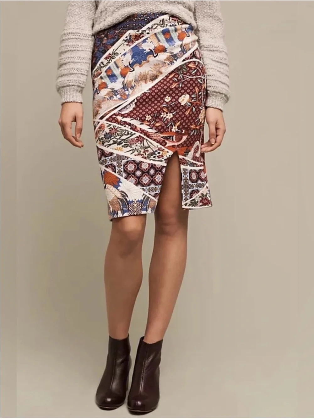Anthropologie Multi-Color Crane Bird Patterned Midi Skirt
